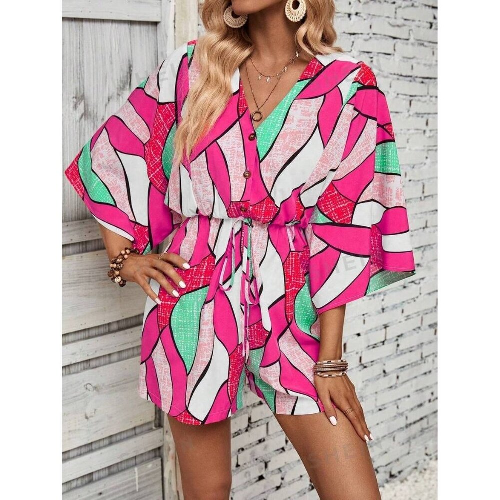SHEIN VCAY Allover Print Batwing Sleeve Knot Front Romper Size S